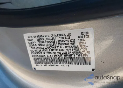 2009 Honda Odyssey Ex-L из США, поврежденный, VIN 5FNRL38759B038873